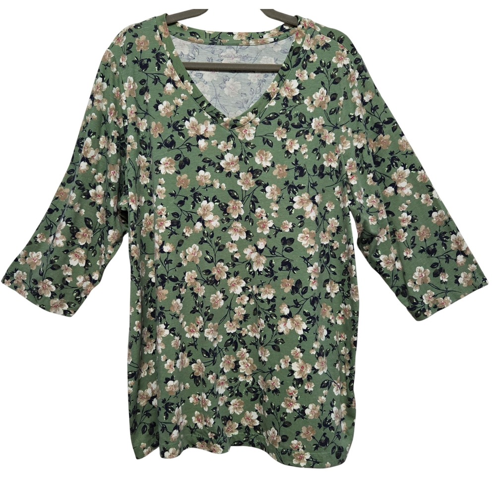 Woman Within Cottagecore Green Floral V-Neck 3/4 Sleeve Tunic Top 1X 22/24